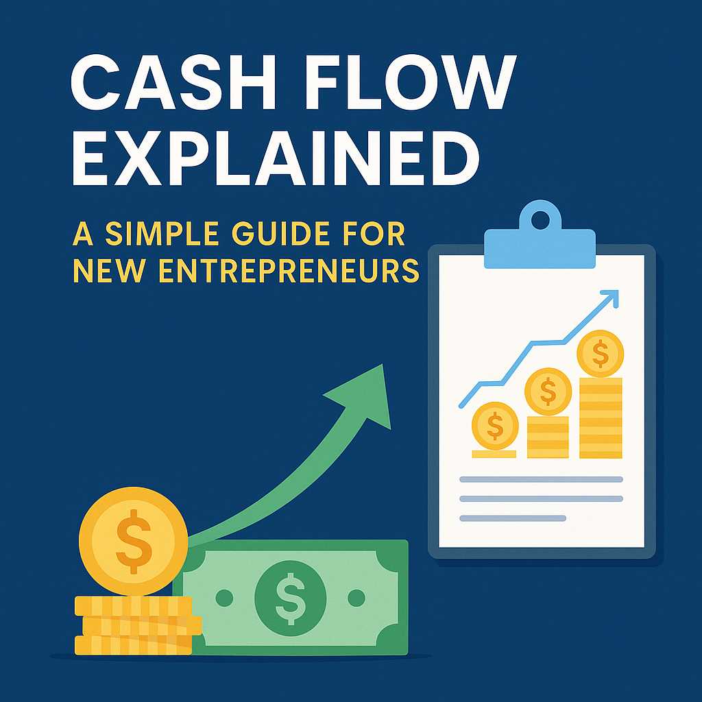 Cash flow explained with notes and cash and an upwards climbing financial flowchart