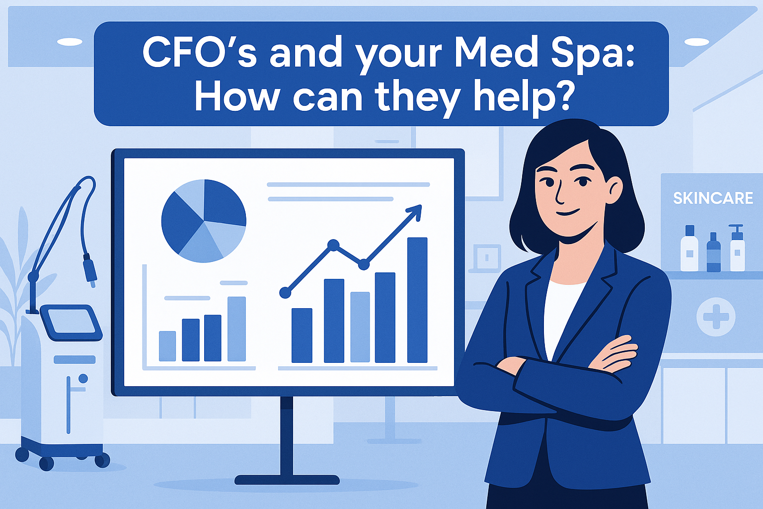 Female CFO standing in front of stats in a Med Spa surrounded by Spa equipment