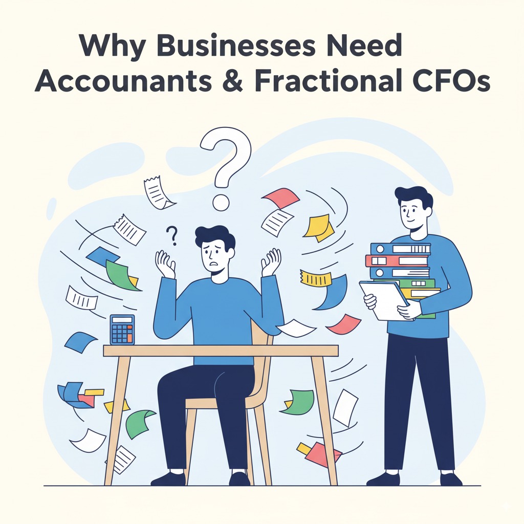 Confused business owner struggling to stay keep track and an accountant standing behind him being organised and ready.