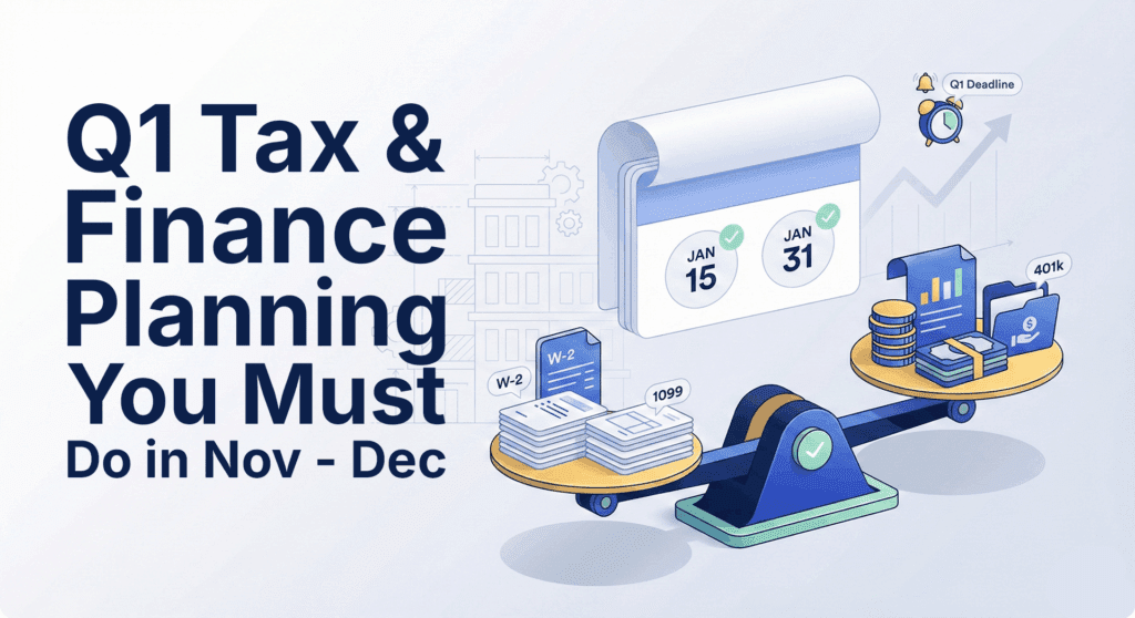 A balanced blue scale sits in the center. The left side of the scale holds stacks of documents labeled "W-2" and "1099." The right side holds stacks of gold coins, cash bundles, and a folder labeled "401k." Behind the scale, a calendar highlights "Jan 15" and "Jan 31" with green checkmarks. In the top right corner, a ringing alarm clock is labeled "Q1 Deadline" next to an upward-trending chart arrow.