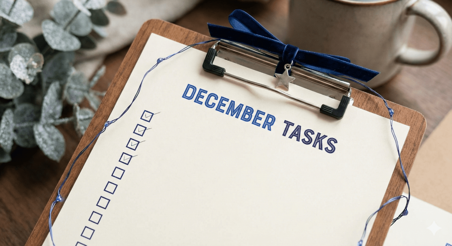 December business checklist on a clipboard in a festive setting.